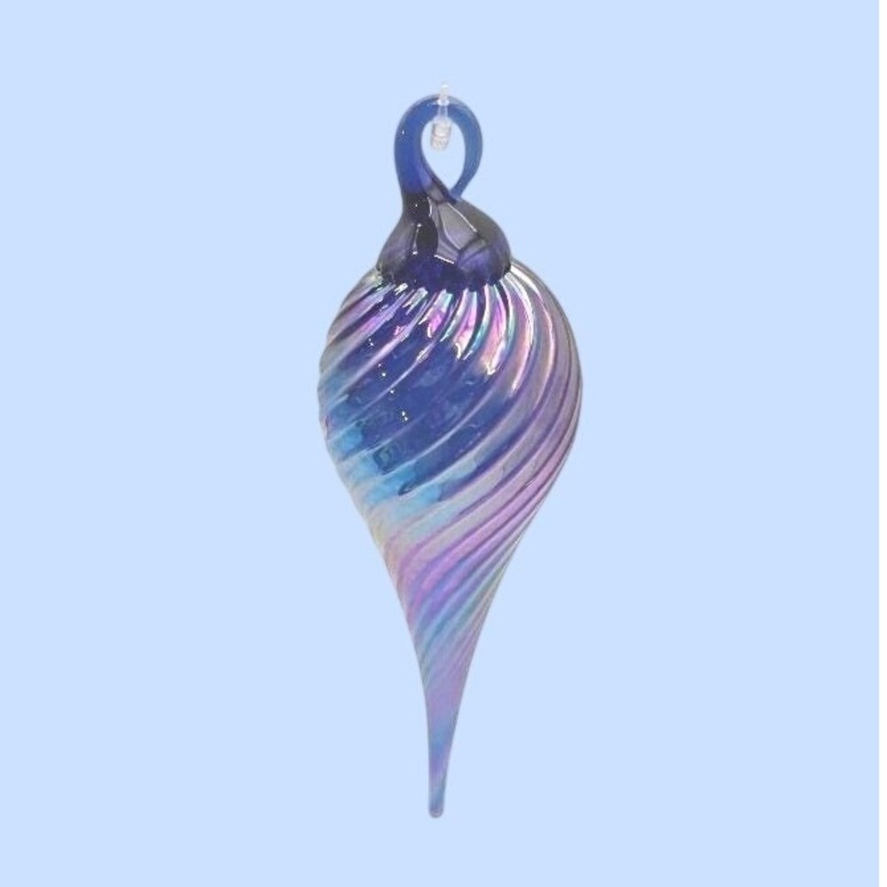 Murano Style Swirl Teardrop Glass Ornament, Blue Iridescent, Christmas Bauble